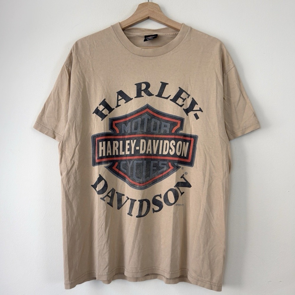 Vintage 90's Harley Davidson Motorcycle Big Logo Tan Brown Tee Shirt - Large
